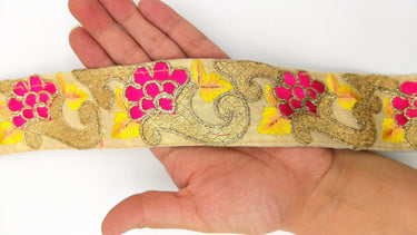 Beige Art Silk Fabric Trim with Floral Embroidery in Yellow, Gold and Fuchsia, Flower Embroidered Trim